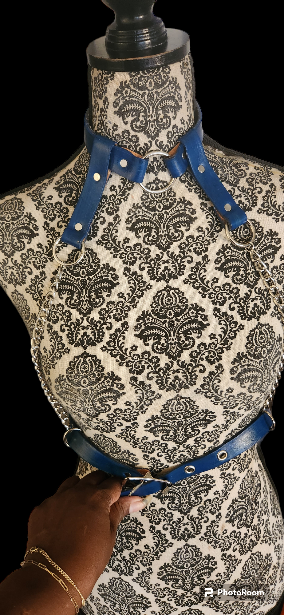 Blue leather harness